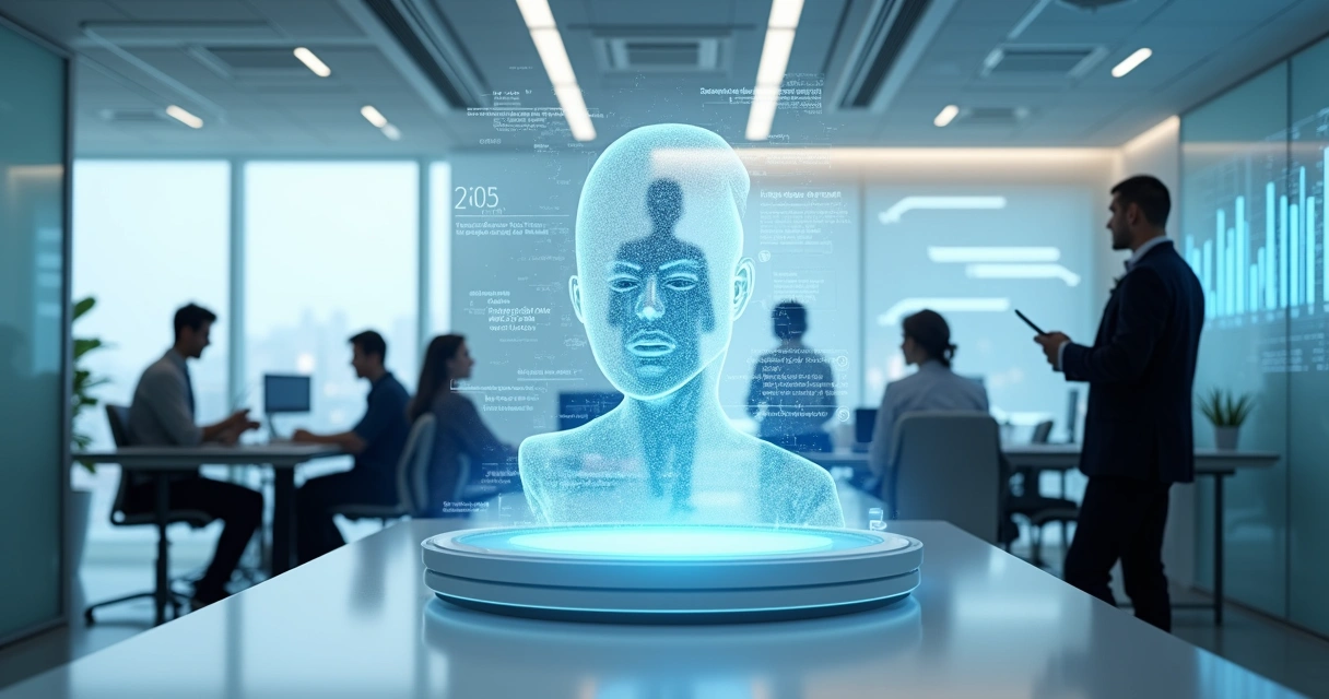 Agente de IA digitalizado atendendo clientes em empresa moderna 
