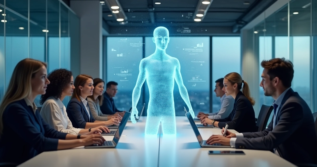 Agente virtual inteligente conversando com clientes em ambiente corporativo 