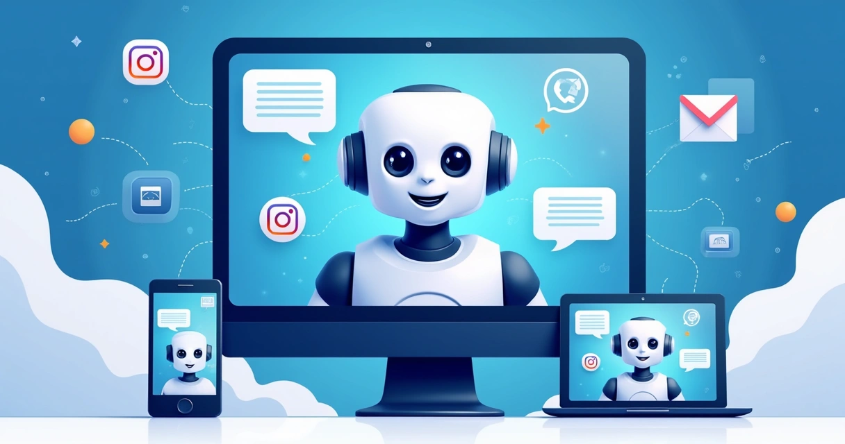 Ilustração de agente de IA respondendo mensagens em vários canais digitais 