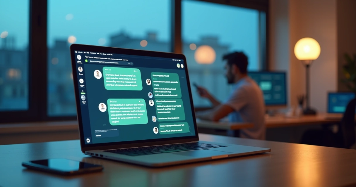Tela de chat exibindo conversa natural entre cliente e agente de IA em ambiente de escritório moderno 