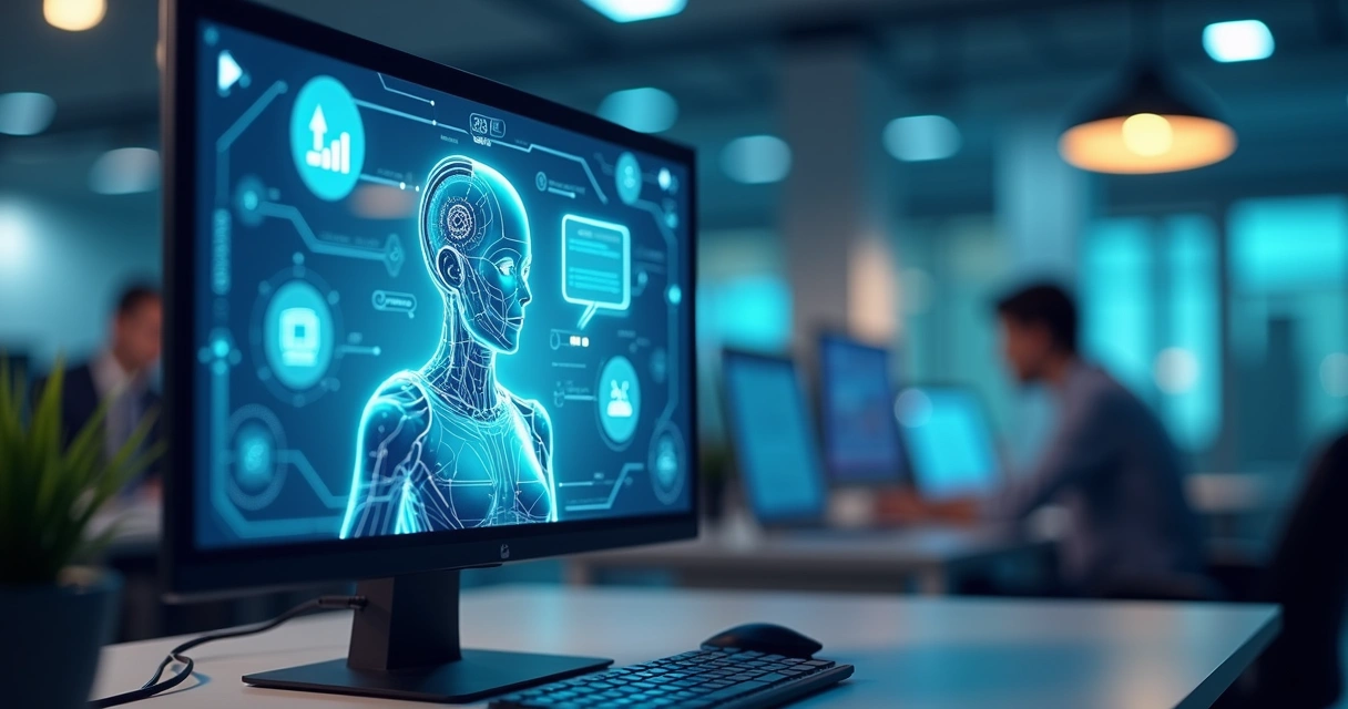Agente de inteligência artificial em tela de computador com interface de atendimento ao cliente e gráficos digitais 
