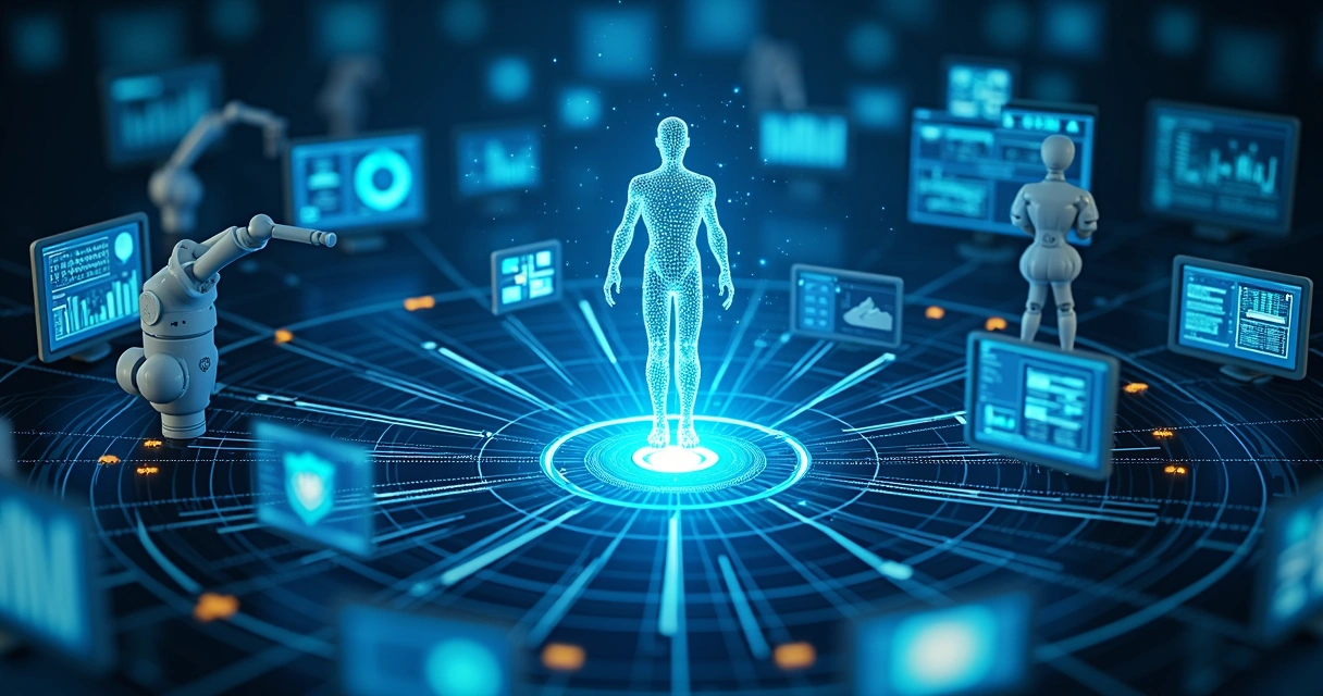 Representação visual de um agente de IA interagindo com diversos ambientes digitais 