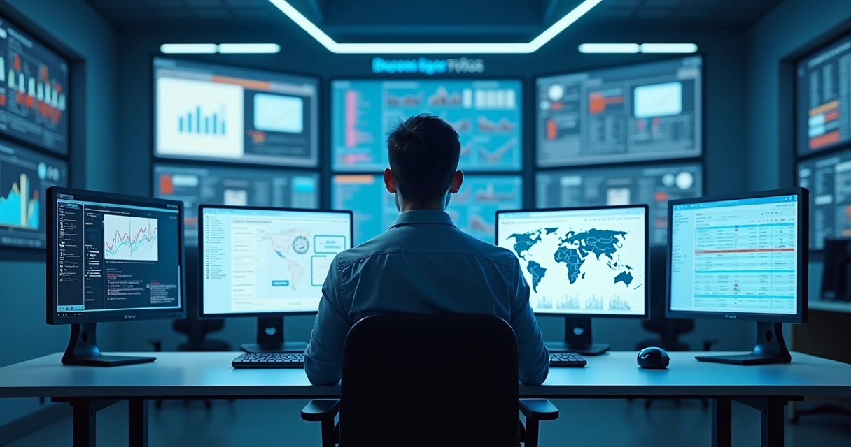 Robô digital trabalhando em vários computadores ligados a telas de dados 