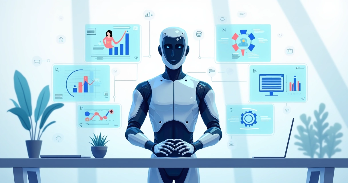 Ilustração corporativa em estilo flat de agente de IA autônomo em ação dentro de ambiente digital com telas e gráficos 