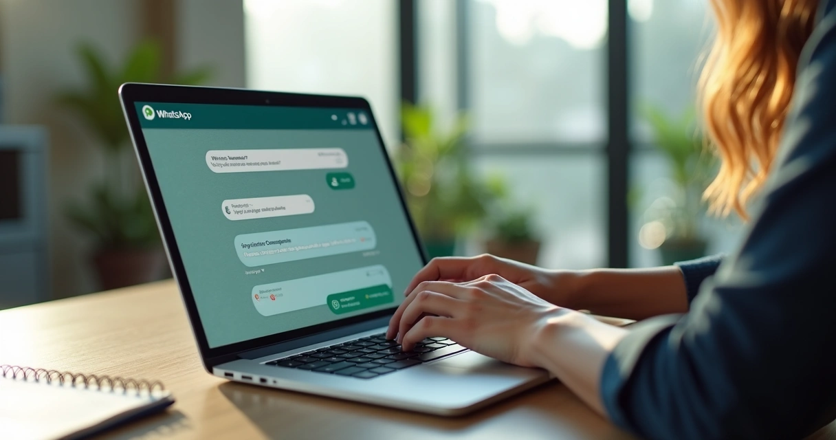 Robô digital respondendo perguntas no WhatsApp em laptop 