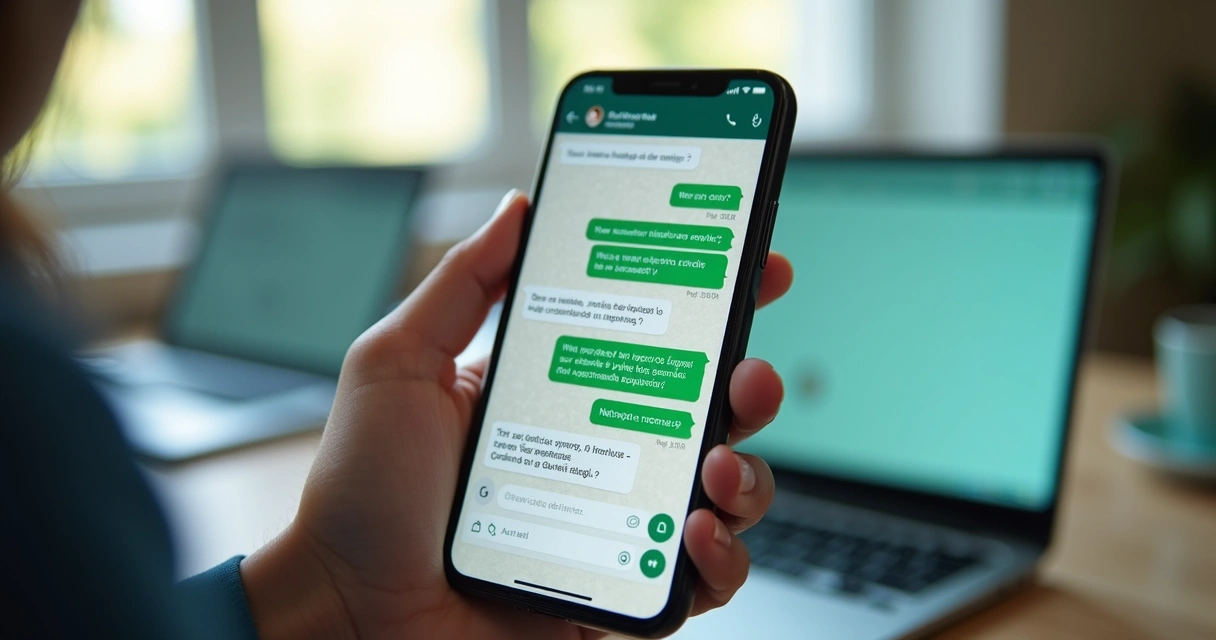 Smartphone mostra conversa automatizada de atendimento no WhatsApp 