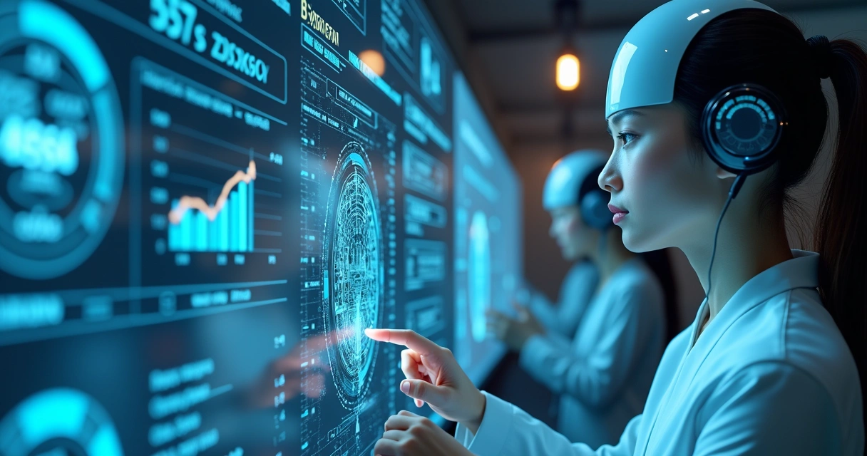 Interface gráfica com agentes de IA interagindo em painel digital 