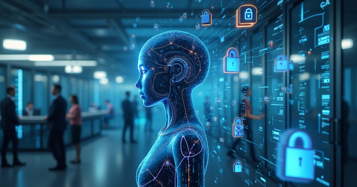 Representação de agente de IA rodeado de dados digitais corporativos 