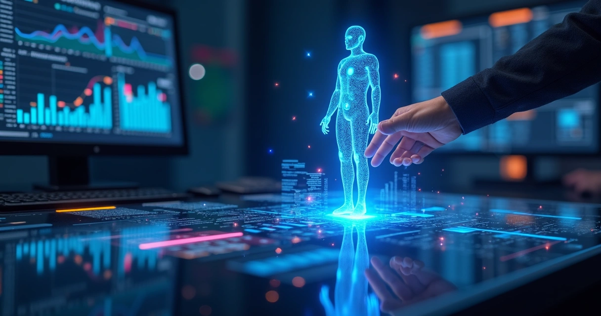 Agente digital futurista representado como holograma interagindo com dados financeiros e gráficos em painel tecnológico 
