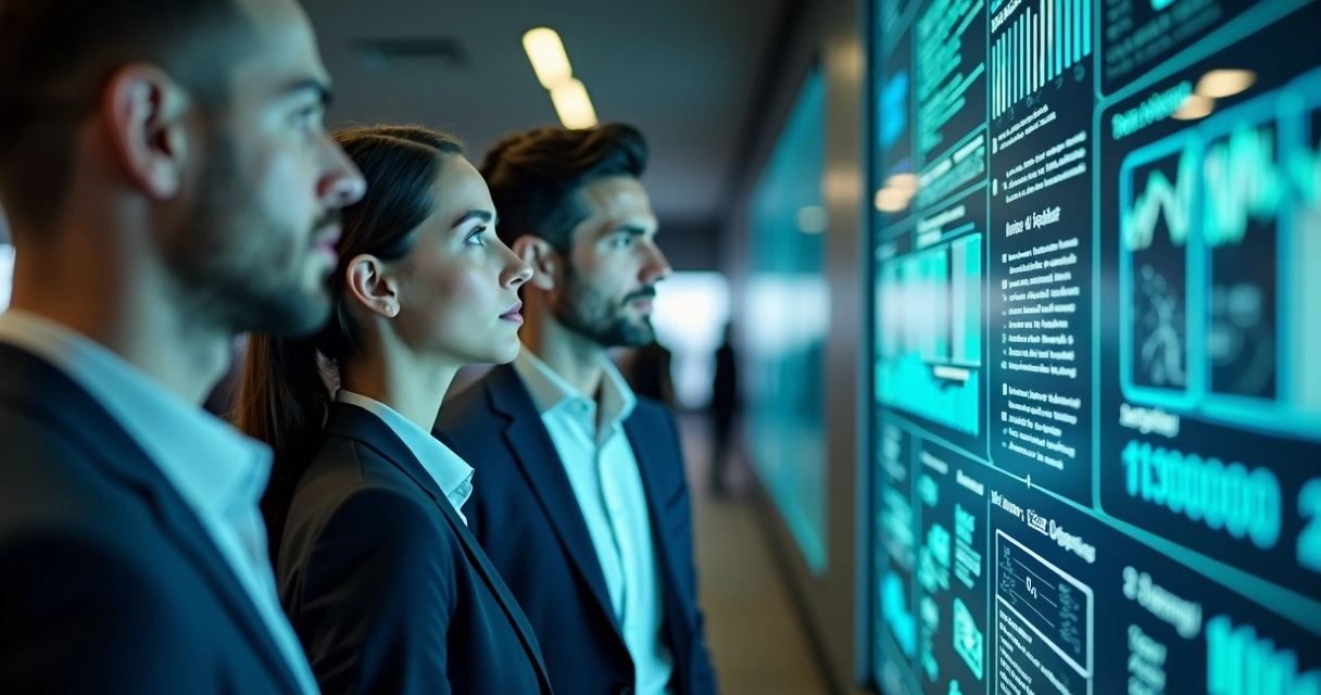 Profissionais observando um painel digital com indicadores de inteligência artificial 