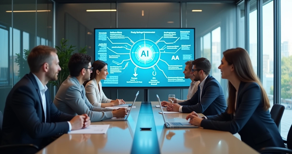 Equipe de empresa reunida em torno de uma tela mostrando um fluxo de IA com RAG 