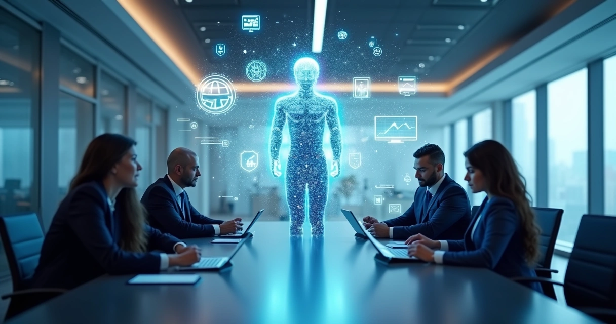 Ilustração de agente de IA empresarial interagindo com pessoas e dados digitais 