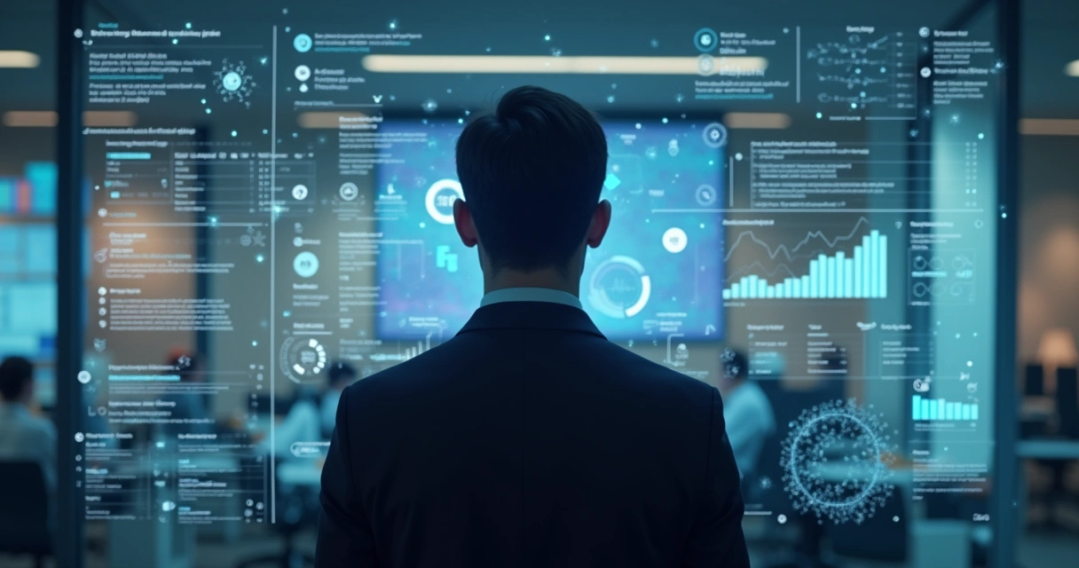 Agente virtual empresarial interagindo com dados de vendas em tela transparente 