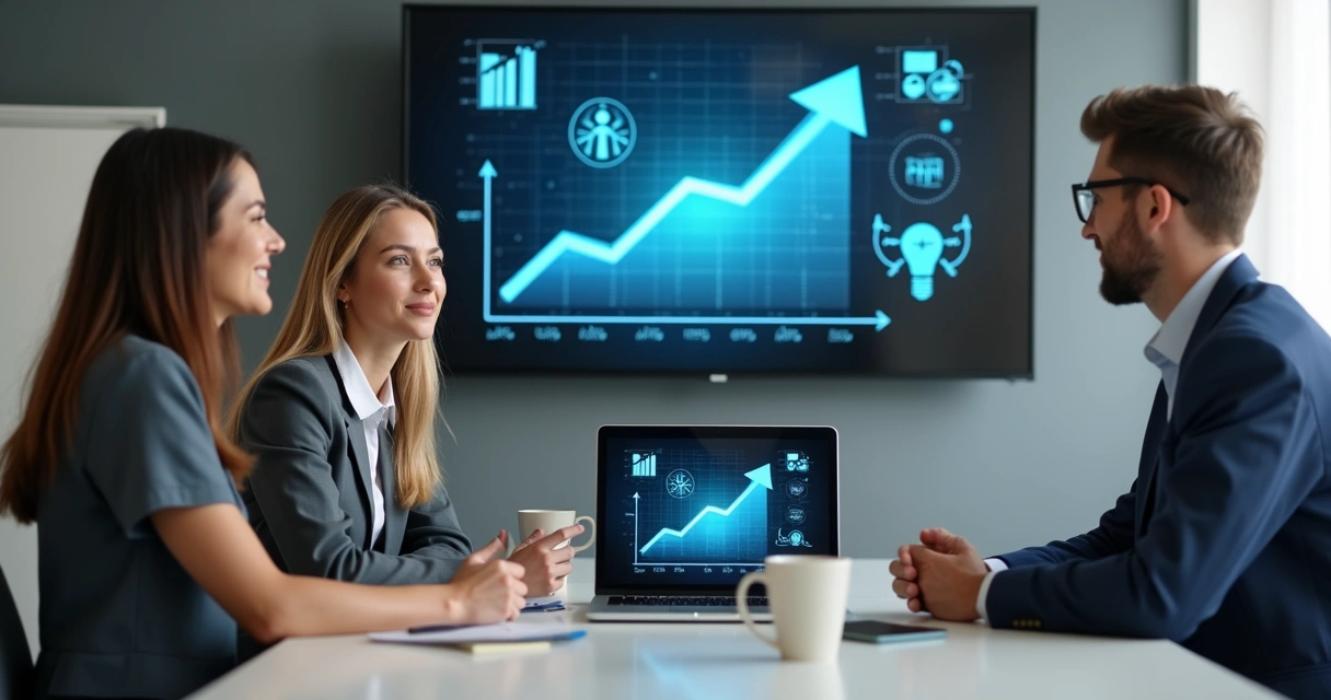 Equipe pequena reunida com gráfico de crescimento 