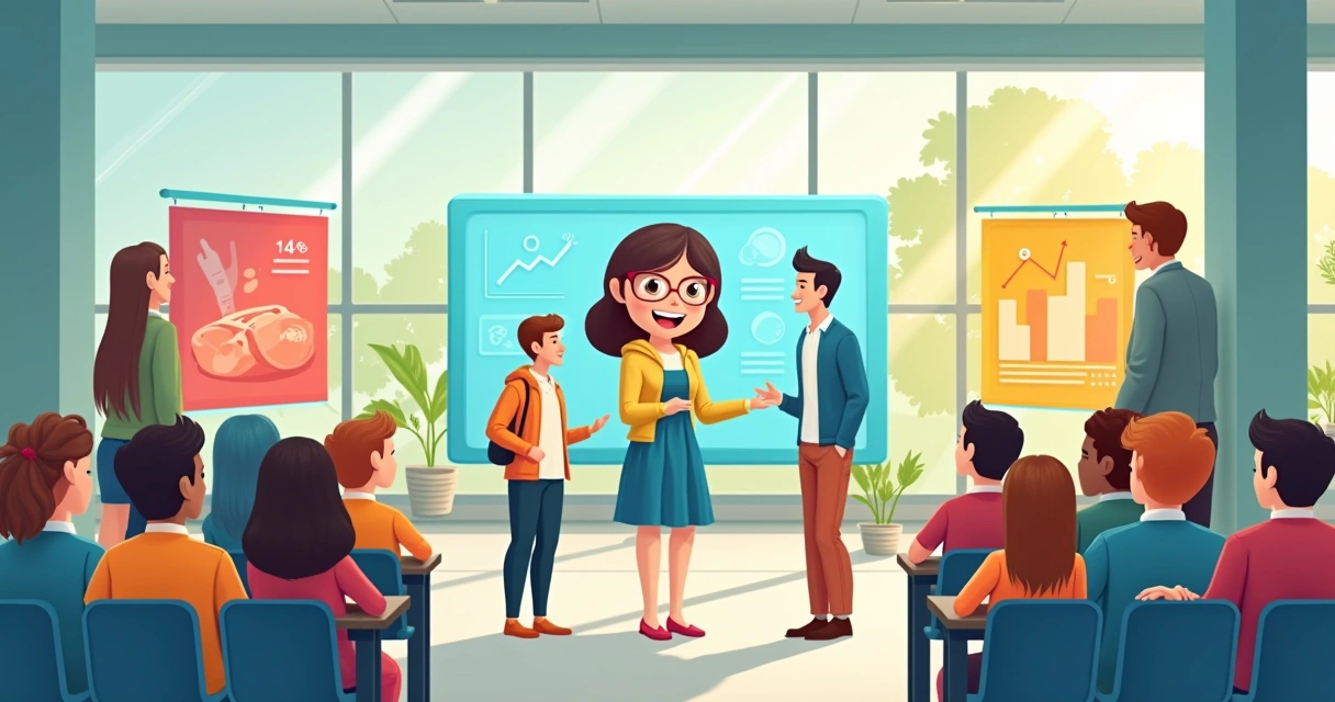Agente IA interagindo com alunos e pais em um ambiente escolar moderno e acolhedor.