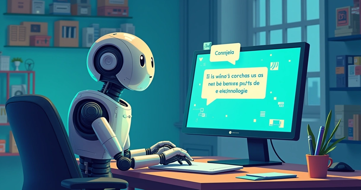 Agente de IA amigável respondendo perguntas sobre tecnologia em um moderno escritório com prateleiras de gadgets.