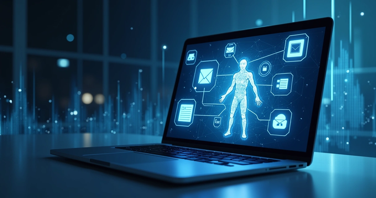 Simbolo de agente de IA executando tarefas automaticamente em um computador corporativo 