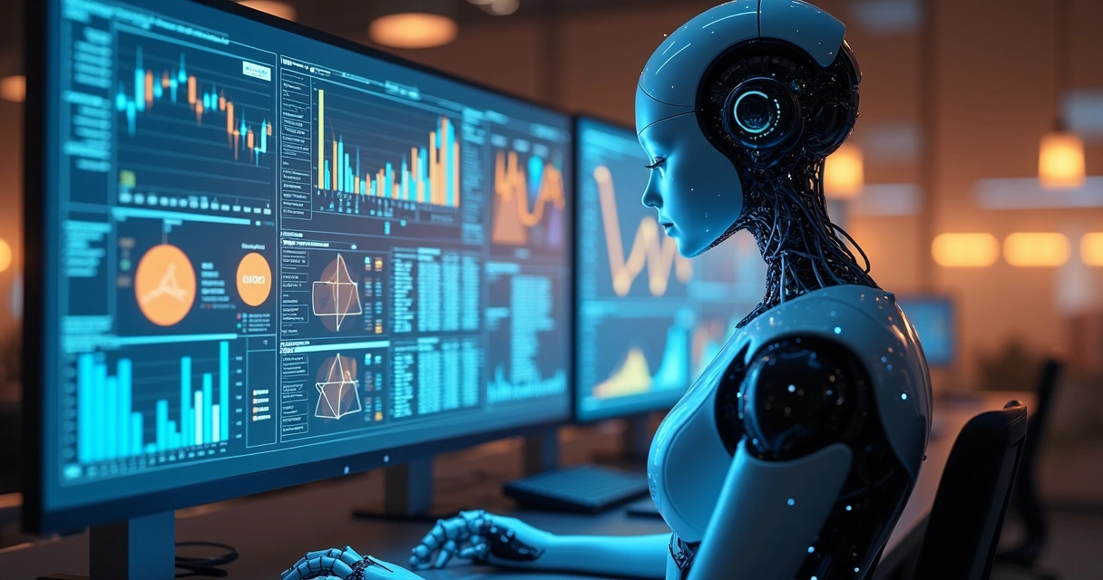 Ilustração agente IA usando dados financeiros em painel digital 