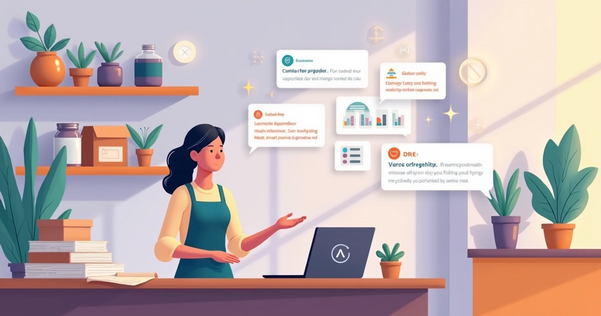 Dono de pequena loja recebendo ajuda de agente de IA financeiro em tablet 