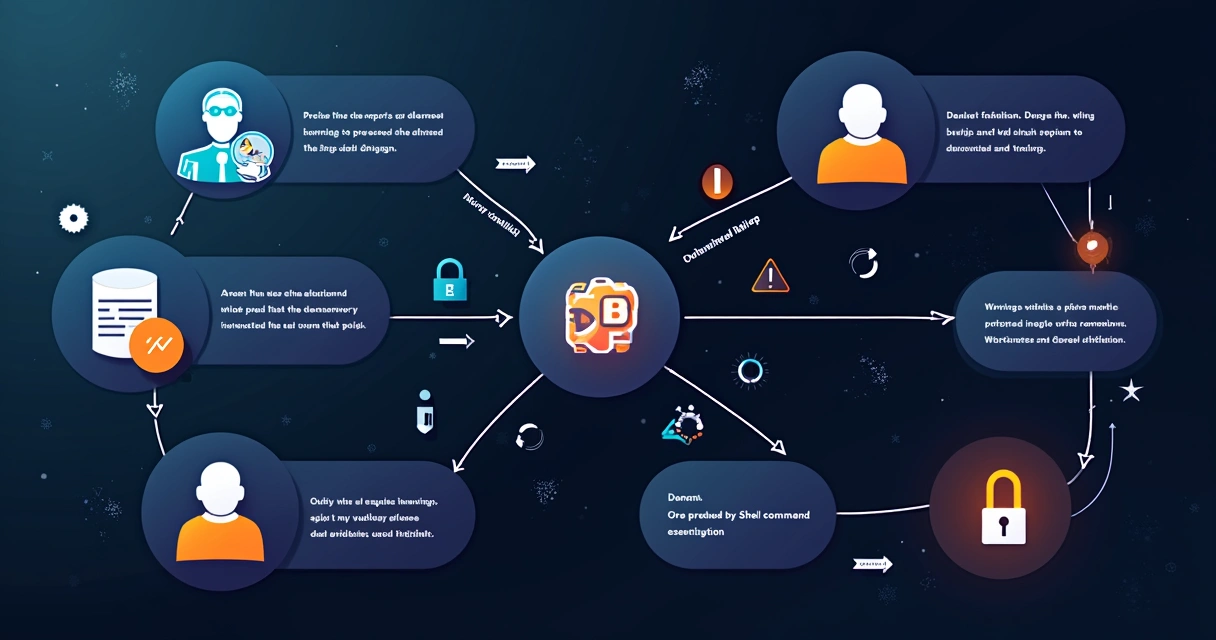 Fluxo automatizado de DevOps com ícones de IA, cadeados e alertas de risco 