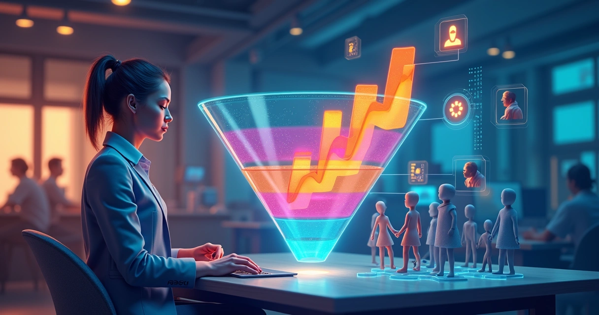 Agente de IA atuando no funil de vendas com gráficos de conversão