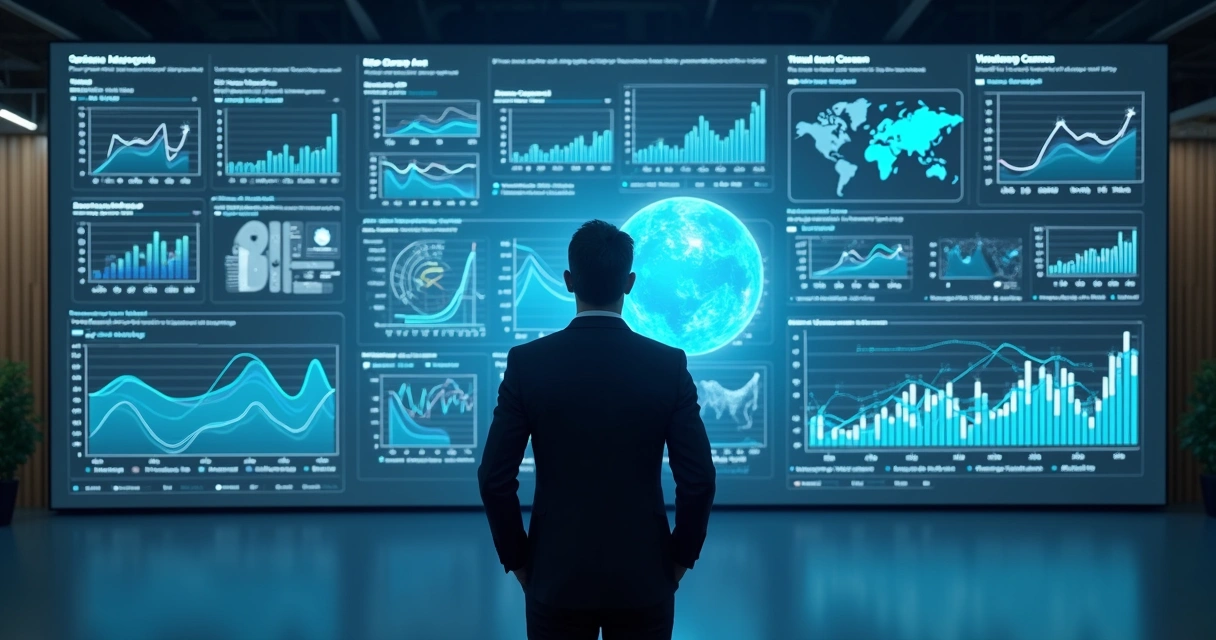 Funcionário de escritório ajustando um painel digital com gráficos de dados de IA e interagindo com agente inteligente virtual 