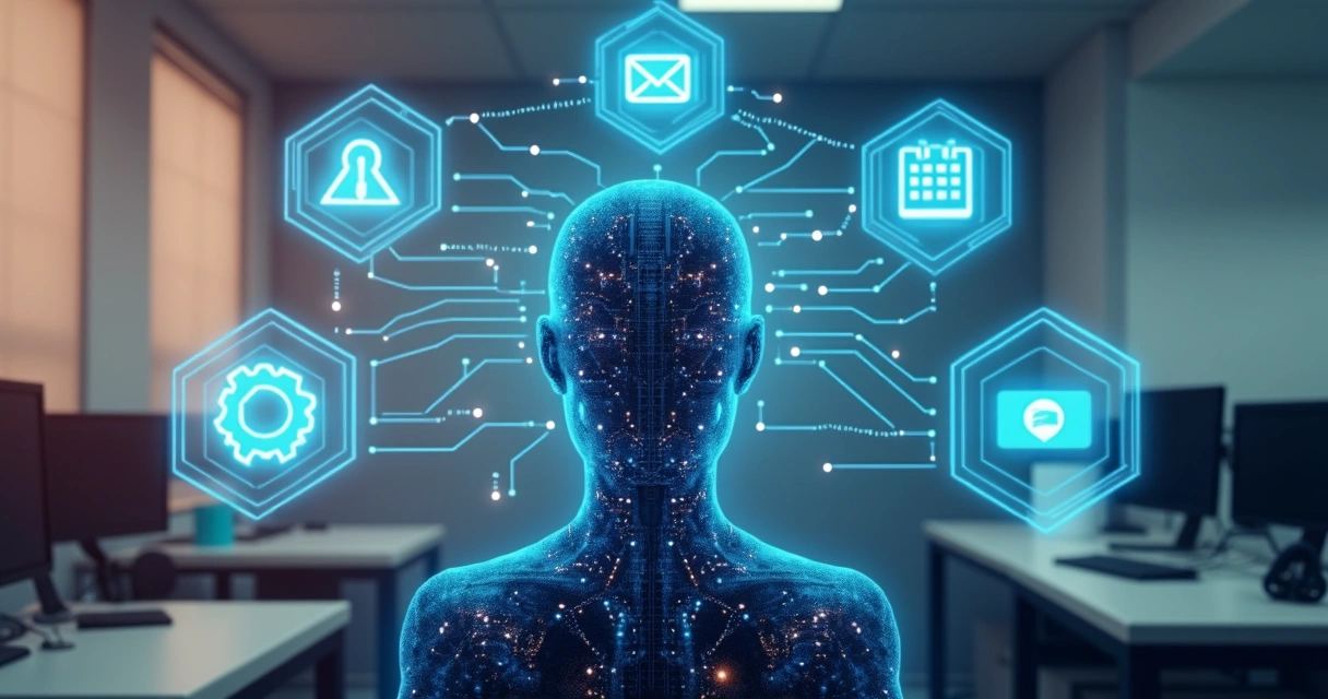 Diagrama colorido mostrando integração de agente de IA com vários sistemas.