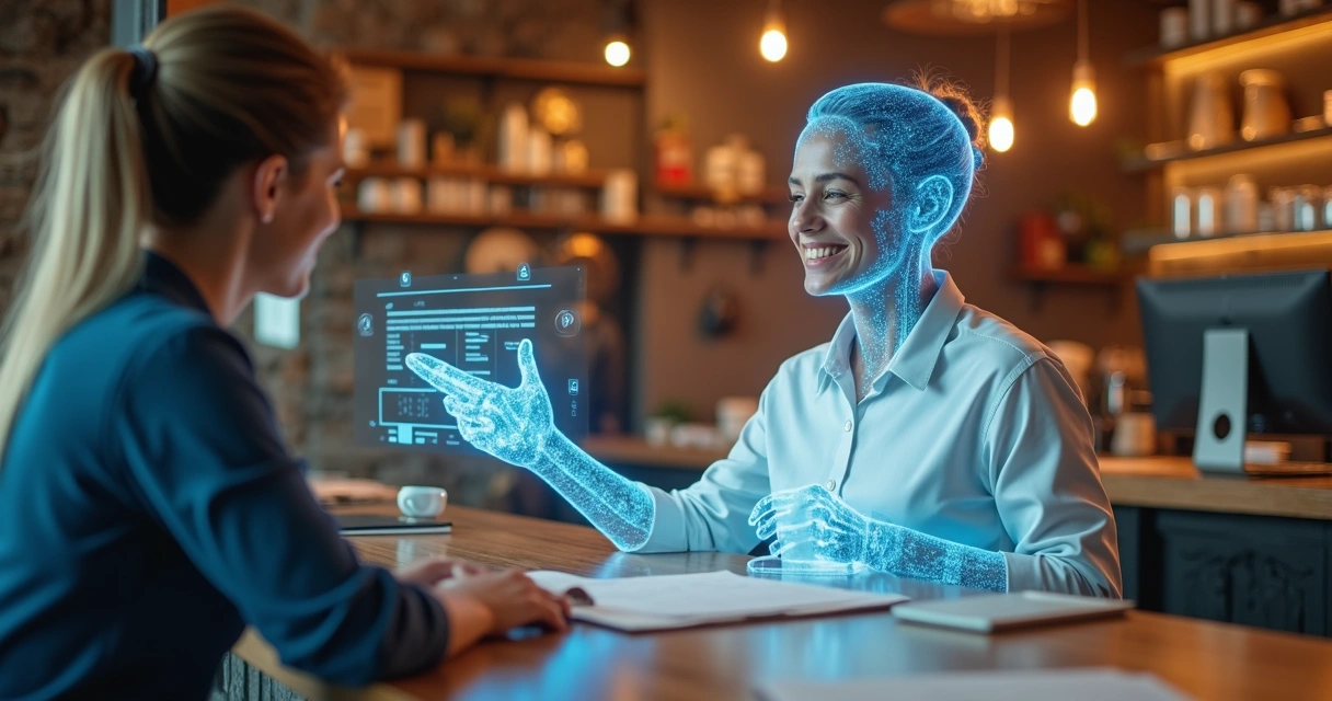 Agente IA digital interagindo com empresário em pequena empresa 