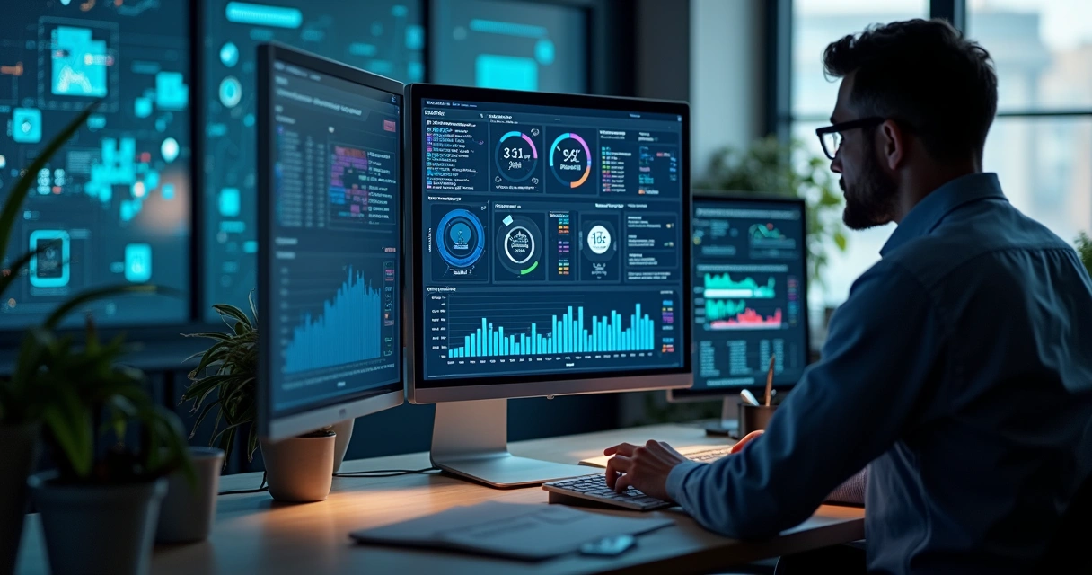 Tela de computador exibindo gráficos de compliance e alertas, com gestor analisando informações em pé 