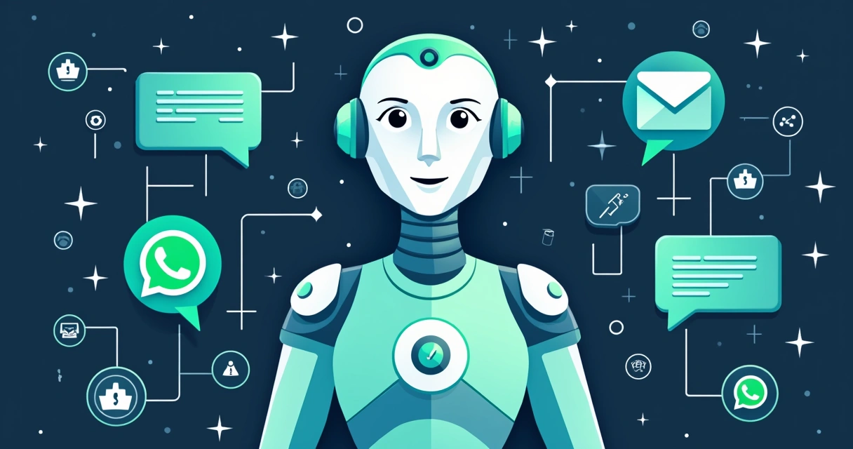 Agente de IA conversando em múltiplos canais digitais, incluindo WhatsApp, e-mail e chat