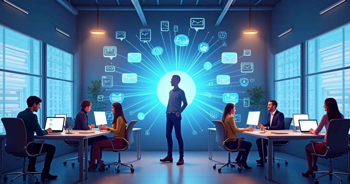 Atendimento de agente de IA ocorrendo por diferentes canais como chat, telefone e redes sociais, com um painel central de controle 