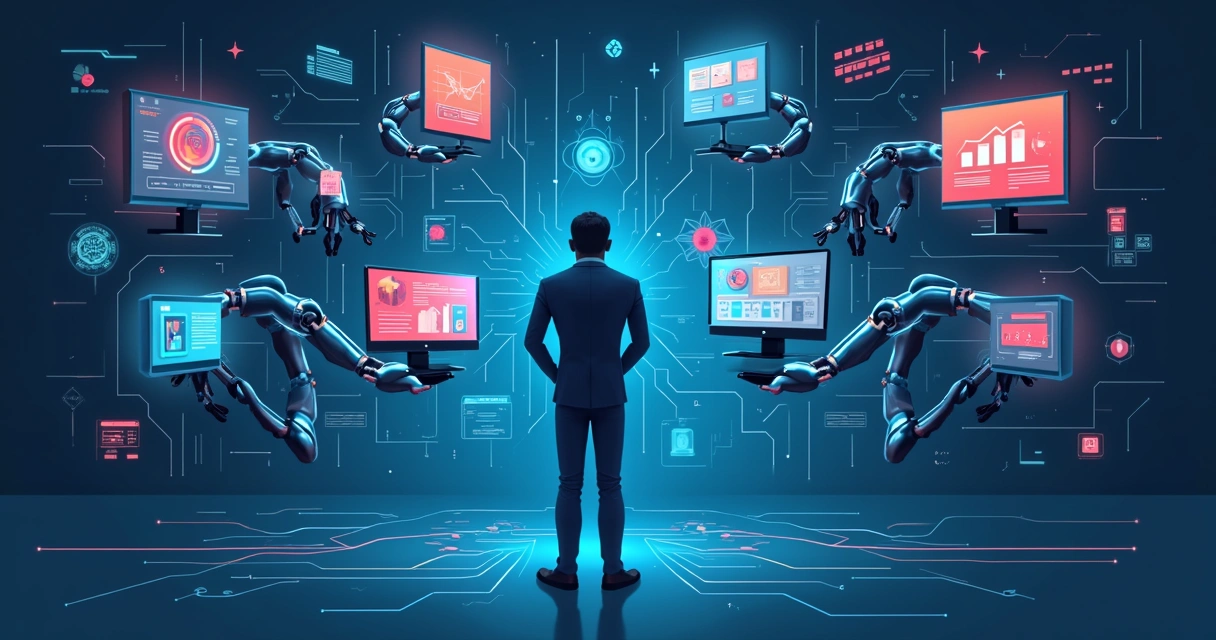 Ilustração de agente digital multiagente operando diferentes sistemas empresariais 