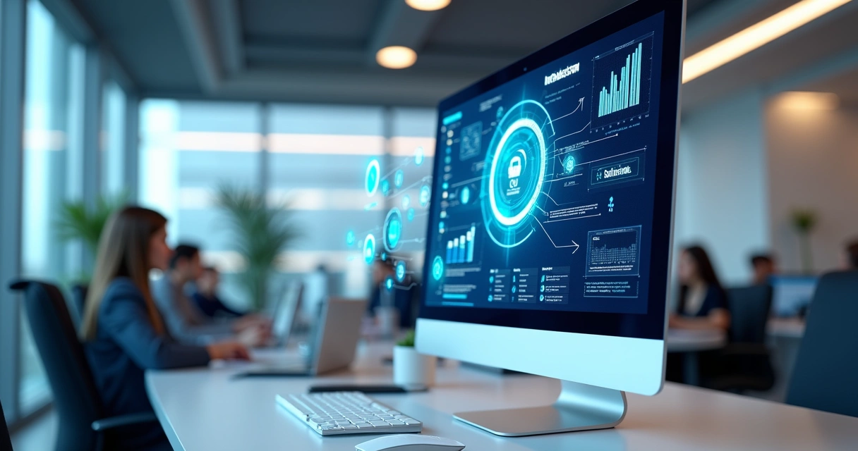 Agente virtual de inteligência artificial em tela com gráficos e processos de franquias ao fundo 