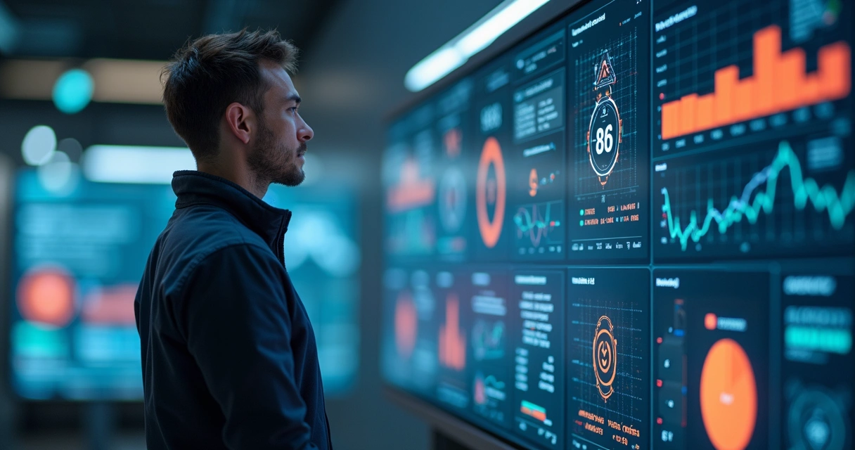Agente virtual de IA em frente a painel digital com dados de vendas e clientes. 