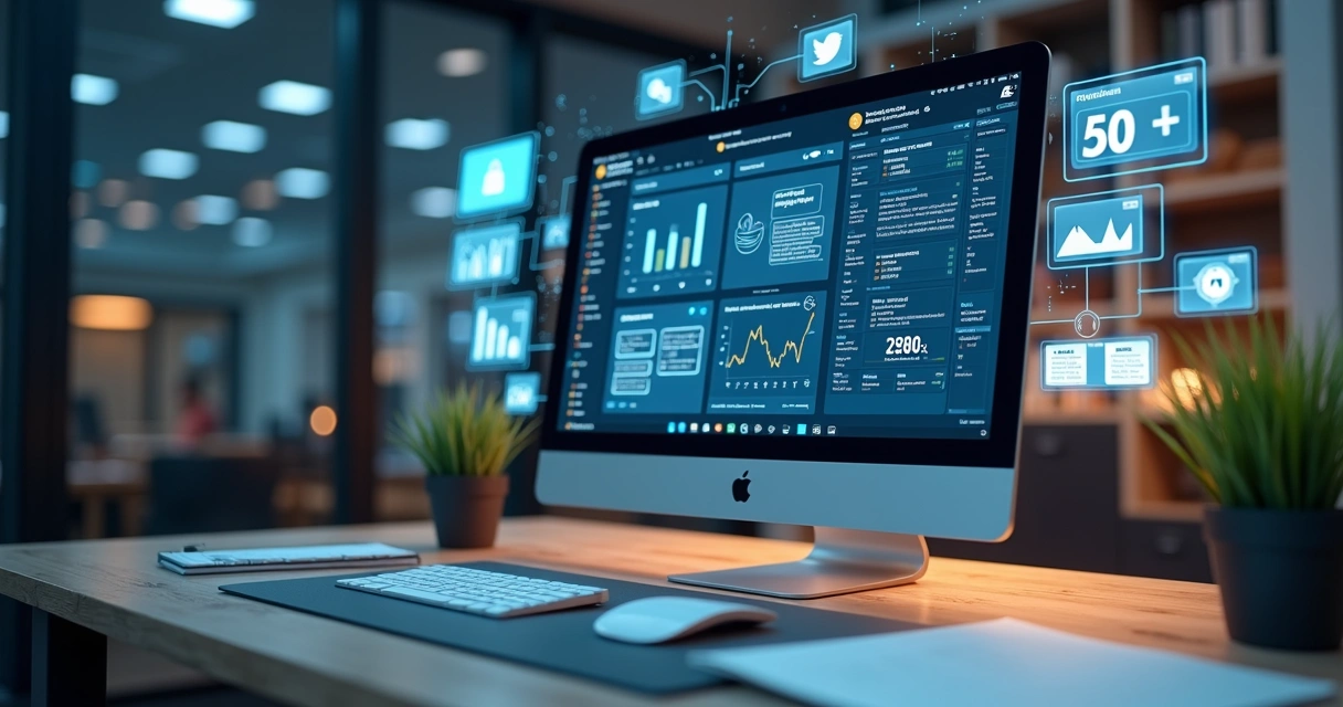 Mesa de trabalho com computador, gráficos de dados e integração de sistemas empresariais 