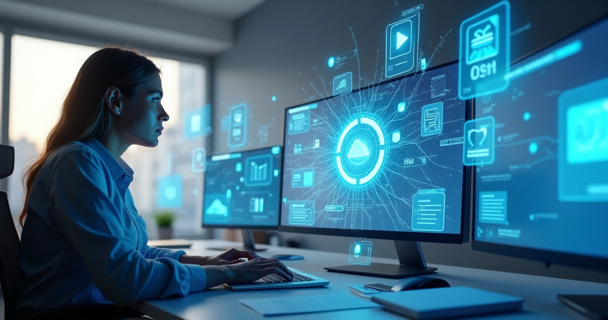 Agente de IA processando e-mails e documentos no computador 