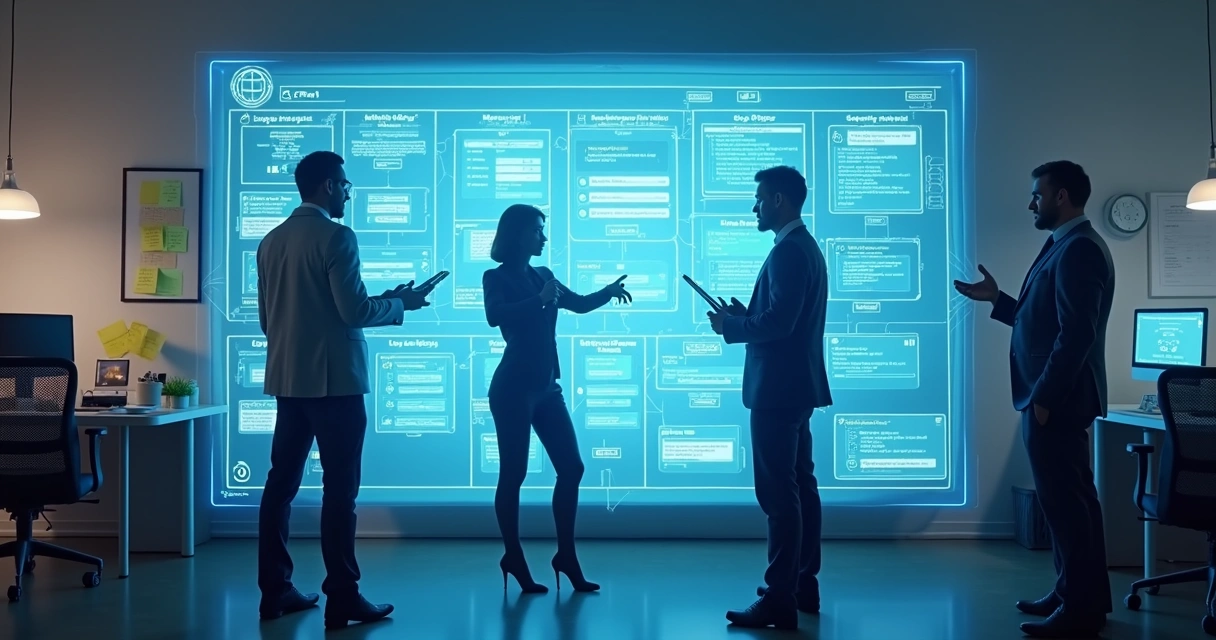 Ilustração de agentes de IA em quadro de processos empresariais 