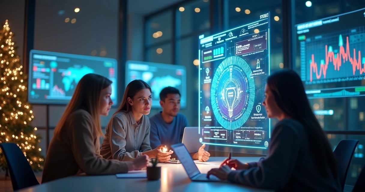 Agente de IA interagindo com equipe de vendas durante campanha de feriado com computadores e gráficos digitais ao fundo 