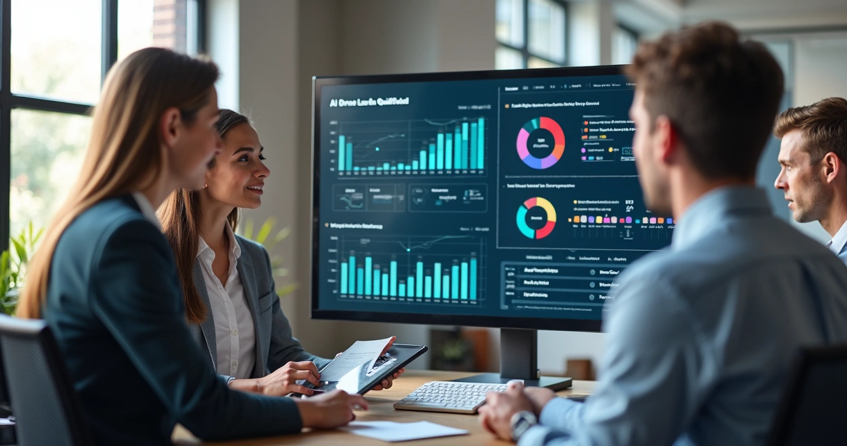 Equipe de vendas analisando relatórios de leads com interface IA 