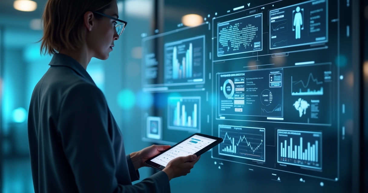 Agente virtual de IA analisando dados de leads em painéis digitais 