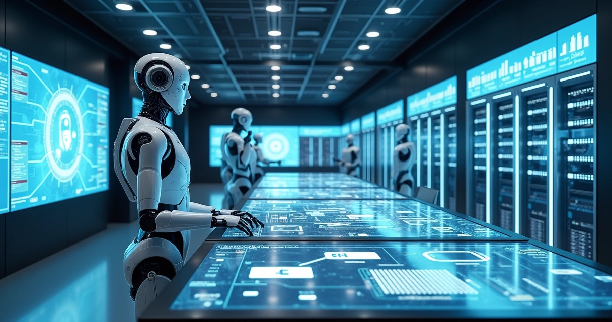 Agente de IA em ambiente de controle corporativo futurista