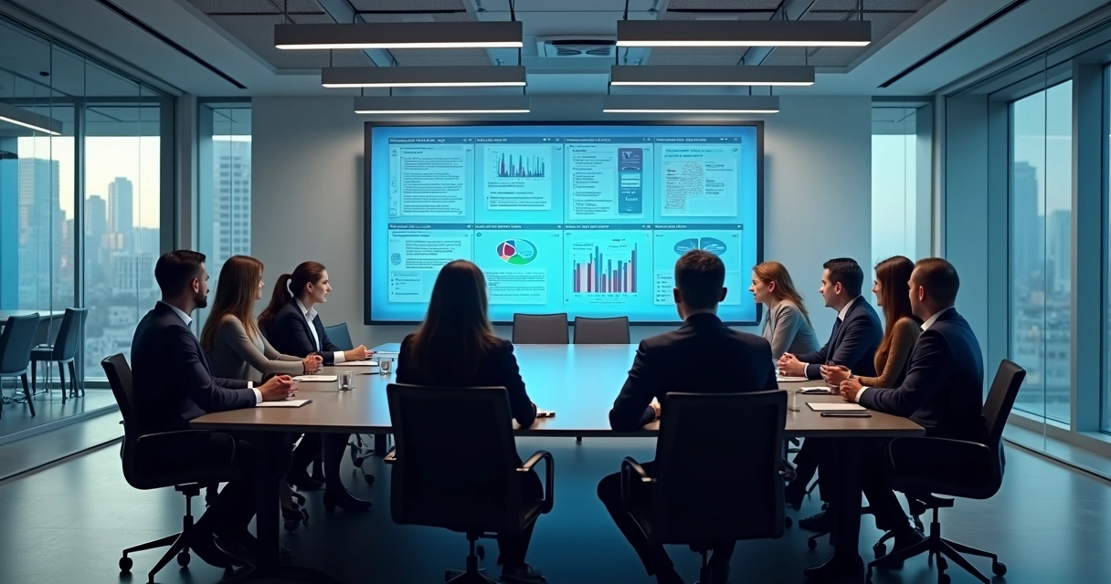 Agente virtual de IA em tela durante reunião empresarial 