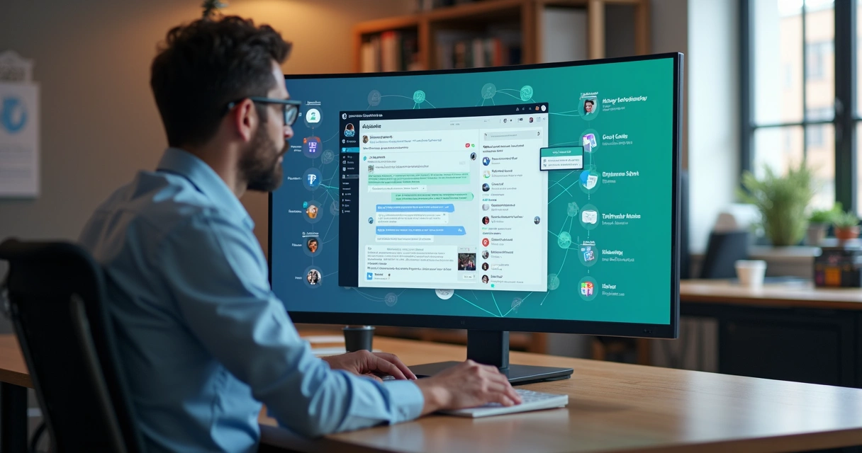 Agente de IA operando integrações de backoffice dentro do Slack em um escritório moderno 
