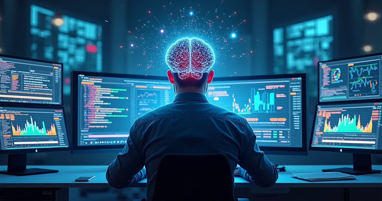 Ilustração de um agente de IA analisando código de software em várias telas 