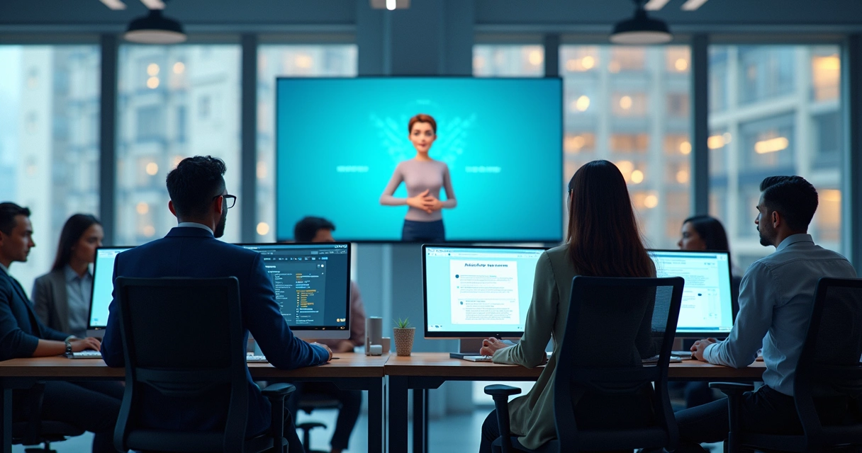 Agente virtual interagindo em treinamento digital com grupo de profissionais em ambiente corporativo moderno 