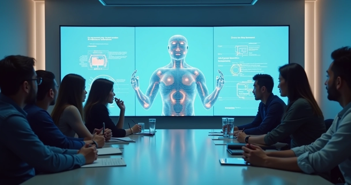 Treinamento de equipe com agente de IA integrado em sala corporativa 