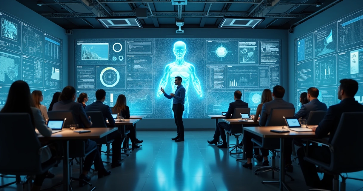 Agente de IA interage no treinamento corporativo com profissionais em sala digital