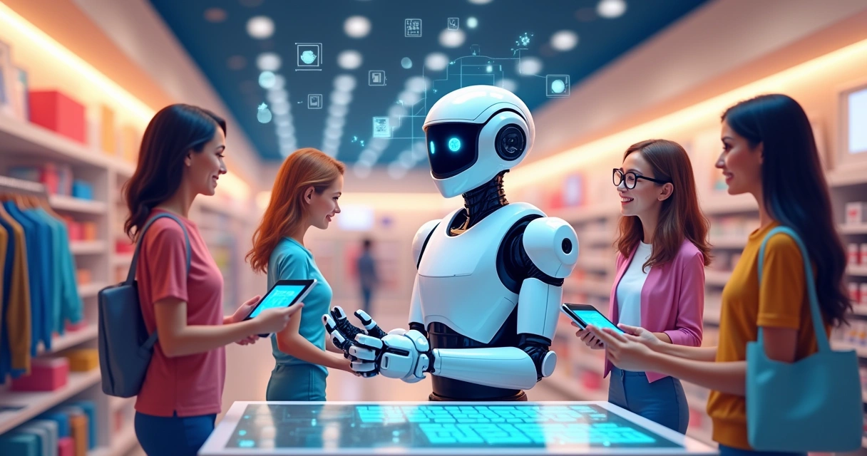 Robô atendendo clientes em loja digital 