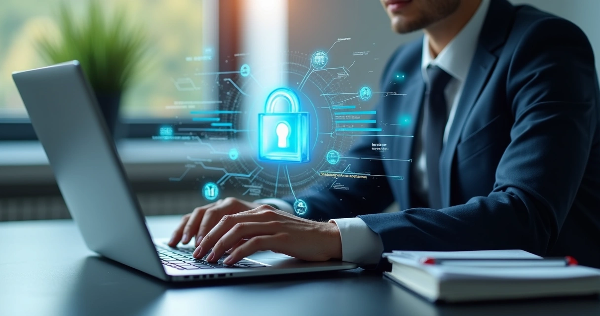 Pessoa usando notebook com cadeado virtual e fluxo de dados 