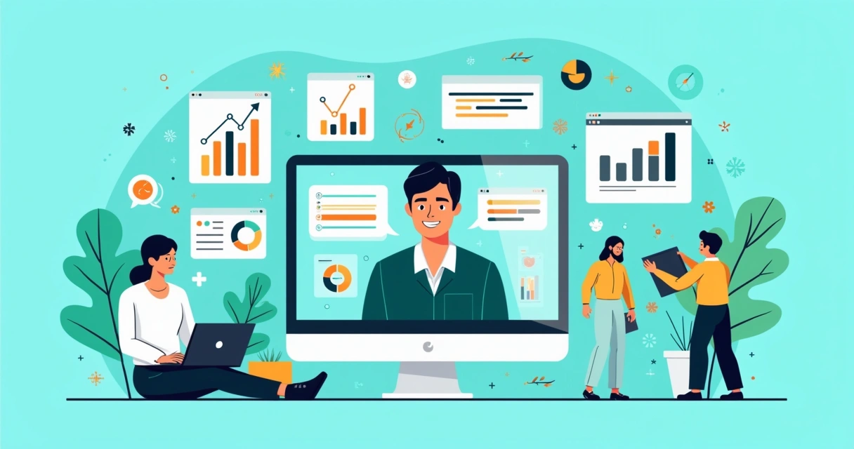 Agente de IA em computador auxiliando equipe de vendas, com gráficos e chatbot interagindo com cliente.
